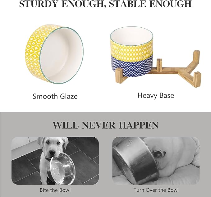 Selamica Ceramic 14 oz Dog Bowls - Anti-Slip Pet Dishes Set with Wooden Stand for Cats & Small Dogs, Weighted, Assorted Colors, Food & Water Dishes