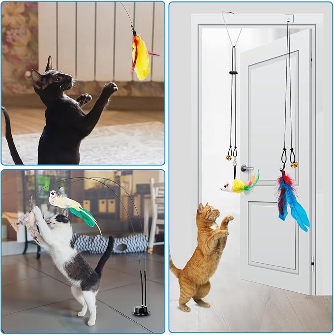 ZooZoo 14PCS Interactive Cat Feather Toy Set for Indoor Cats, Active Play Kit with Door Hanging Toy, Double-Sided Suction Cat Wand with Feathers, Mice & Fur Balls, Encourages Hunting, Jumping, Chasing