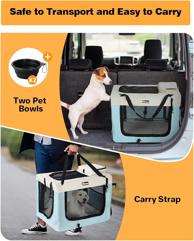 Extra Large Dog Crate with 2 Foldable Bowl, 40 Inch Collapsible Travel Dog Crate Kennel with Soft Blanket for Medium Dogs,Indoor & Outdoor (40" L x 27" W x 27" H, Blue)