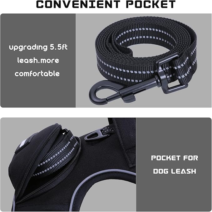 No Pull Dog Harness for Medium Dogs, Adjustable No Choke Pet Vest with Dog Leash Fit Smart Reflective Pet Walking Harness for Training Easy Control Soft Handle Black L