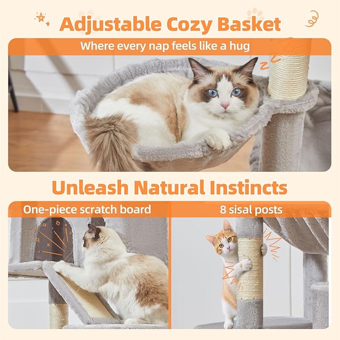 Taoqimiao Cat Tree 71-Inch, Cat Tower for Indoor Cats Large Adult, Multi-Level Large Cat Condo, 8 Sisal Scratching Posts, Metal Frame Cozy Hammock, Scratch Board, 2 Top Perches, Light Gray MS026LW