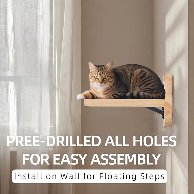 ESPETS Natural Solid Wood Cat Wall Floating Steps Set of 3 - Wall Mounted Wooden Cat Climbing Shelves and Perches, Kittty Stairs Ladder - Easy Install, Holds up 30lbs
