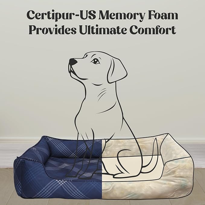 Orthopedic Bolster Dog Bed – CertiPUR-US Foam, Recycled Polyester Canvas, Washable Cover, Anti-Slip Bottom, Large, Navy Plaid – Stylish Designer Dog Sofa