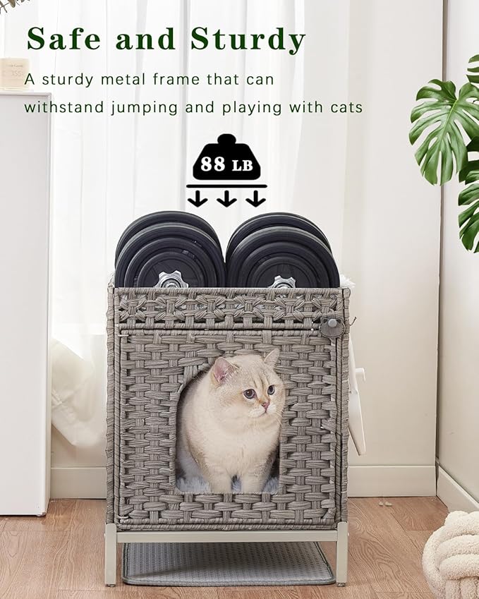 Cat Litter Box Enclosure Hidden Litter Box Furniture with Metal Heightened Feet, Rattan Handwoven Cat House with Litter Mat, Hidden Litter Box Furniture for Bedroom Living Room Gray