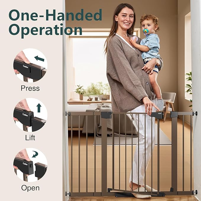 Cumbor 29.7-48" Baby Gate for Stairs, Mom's Choice Awards Winner-Dog Gate for Doorways, Auto Close Safety Pet Gate for Dogs Indoor, Easy Install Pressure Mounted Child Gate with Walk Thru Door, Brown