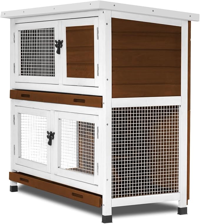 2 Story Rabbit Hutch, Indoor Outdoor Bunny Hutch Solid Wood Rabbit Cage with Removable Trays, Waterproof Asphalt Roofs and Ventilation Door, Small Animal House for Rabbit Guinea Pig Ferret, Walnut