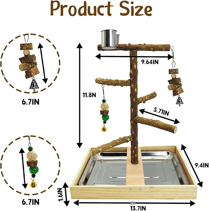Tfwadmx Bird Perch Natural Wood Stand Toy Parrot Play Stand Platform Bird Cage with Removable Tray and 2 Stainless Steel Cups for Parakeets Canaries Cockatiels Conure Lovebirds