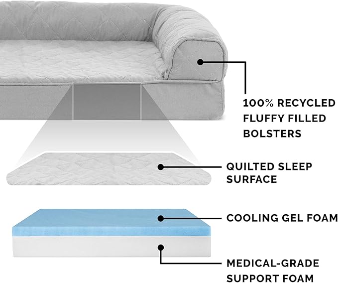 Furhaven Cooling Gel Dog Bed for Large Dogs w/ Removable Bolsters & Washable Cover, For Dogs Up to 125 lbs - Quilted Sofa - Silver Gray, Jumbo Plus/XXL