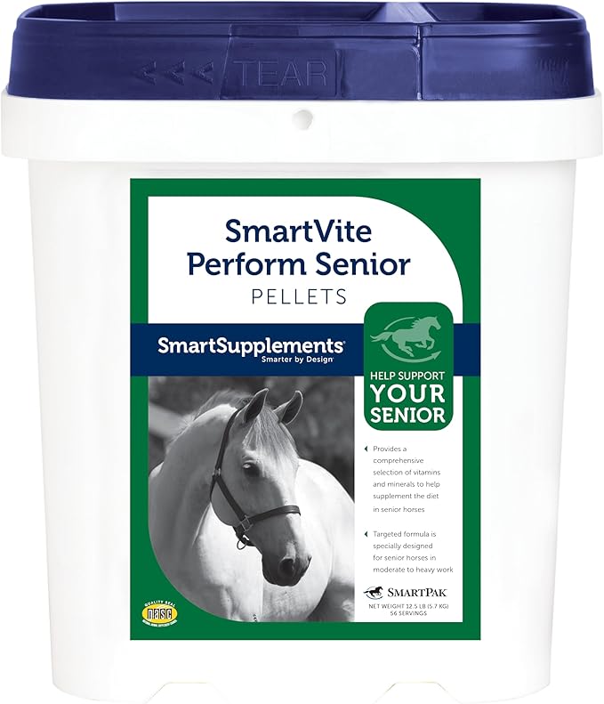 SmartVite Perform Senior Pellets | Vitamin E, Magnesium Supplement for Senior Horses | Includes Vitamin C, B Complex, Manganese, Biotin and More | 56 Servings | 12.5 lb Bucket