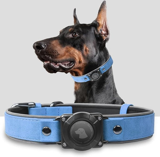 AirTag Dog Collar - Leather Dog Collar with Air Tag Holder | IPX8 Waterproof, Reflective, High - End, Adjustable Soft Padded | Dog GPS Tracker Collars Fit for Medium Large Dogs (Blue, M)