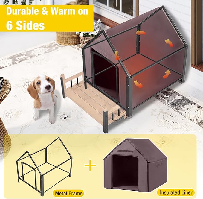 Outdoor Dog House with All-Around Insulated Liner Weatherproof Puppy Shelter Indoor Dog Kennel, Anti-Bite Dog Home for Large Breed with Porch (Brown (Liner), Medium)