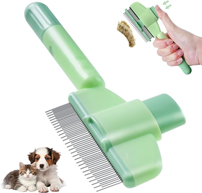 Pet Hair Removal Comb,New Cat Brush with Release Button,Pet Grooming Brush for Short&Long Pet Hair,Deshedding Brush for Pet (green)