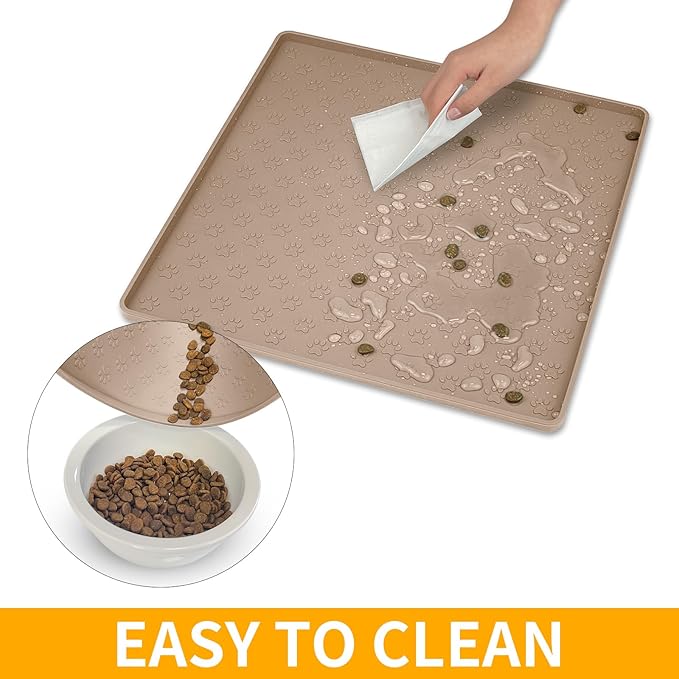 Ptlom Dog Food Mat Anti-Slip Bowl Mats for Food and Water, Waterproof Silicone Pet Placemat with High Raised Edges, Non-Slip Puppy Feeding Tray for Small, Medium Large Cats Dogs, Taupe, 11.8"x11.8"