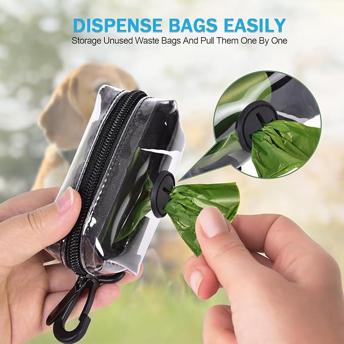 Clear Metal Dog Waste Bag Dispenser & Holder - Portable, 1 Hand Free, Fits Leash Accessory, Set Includes Dog Poop Bags