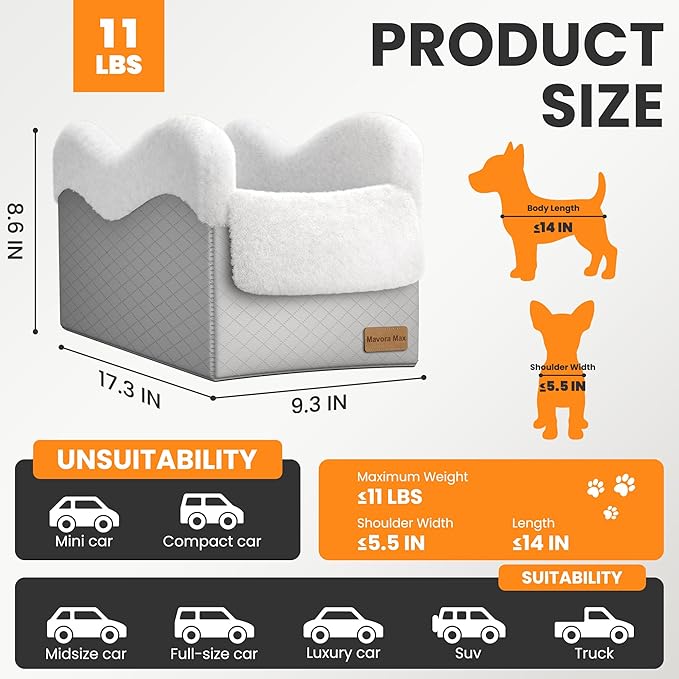 Portable Small Dog Seat for Car,Luxury Center Console Dog Car Seat Booster with Safety Tethers,Auti-Collapse Pet Travel Carrier for SUV,Truck.(Light Grey/White)