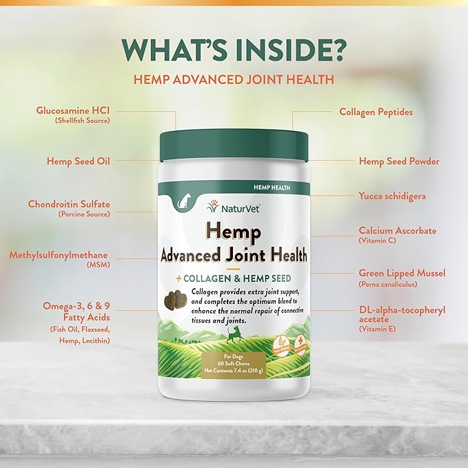 NaturVet Hemp Advanced Joint Health Dog Supplement Plus Hemp Seed – Helps Support Joint Health in Dogs – Includes, Collagen, Glucosamine, MSM, Chondroitin, Omegas – 60 Ct.