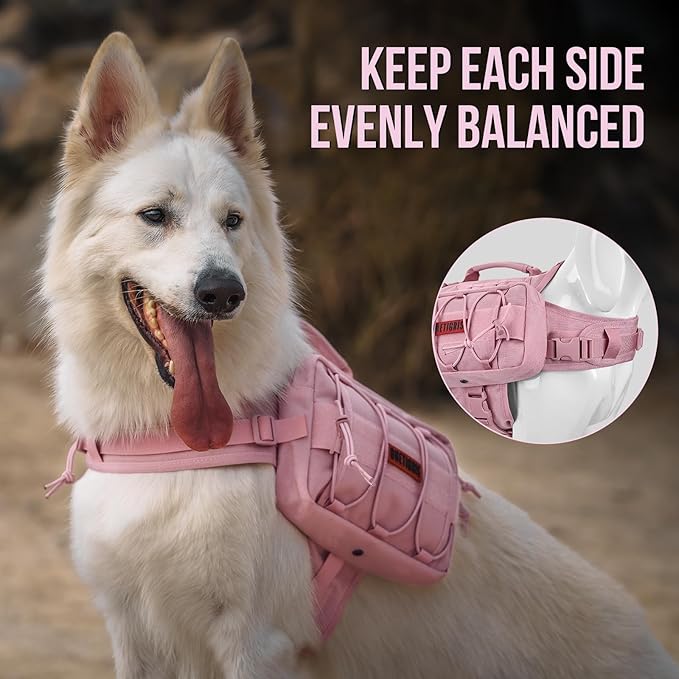 ONETIGRIS Dog Backpack for Medium & Large Dogs, Nylon Backpack for Dogs Tactical Pet Backpack with Side Pockets for Hiking Walking Training Running (Pink, Medium)