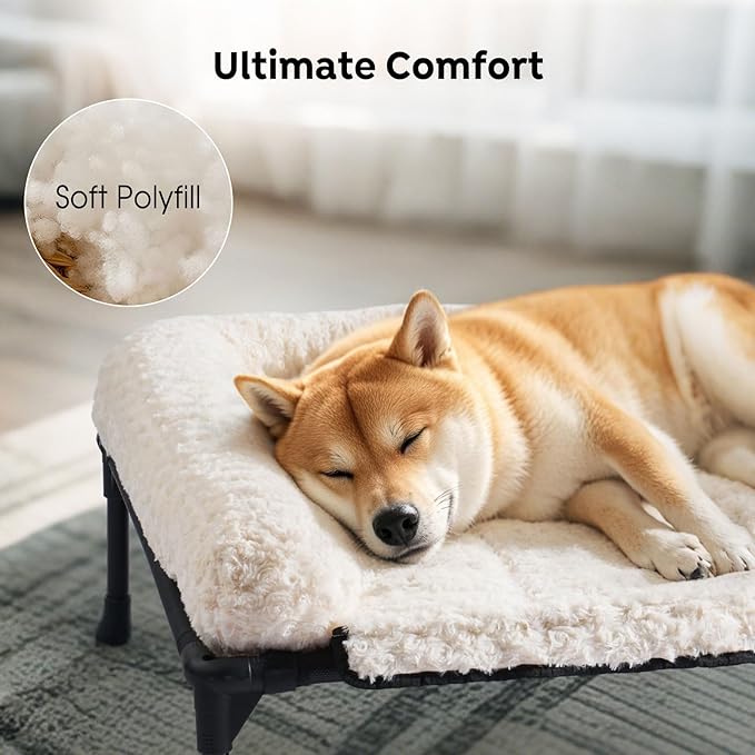 Veehoo Cooling Elevated Dog Bed Add Removable Deluxe Rose Plush Bolster Cushion Mat, 53" x 33" Washable Dog Couch Bed, Raised Pet Cot with Breathable Teslin Mesh, No-Slip Feet, White, CWC2439B