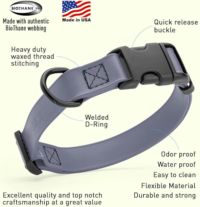 Dogline Biothane Waterproof Dog Collar with Quick Release Buckle Strong Coated Nylon Webbing with Odor- Proof for Easy Care Easy to Clean Fits Small Medium Large Dogs, Grey 3/4" W 12-19" L