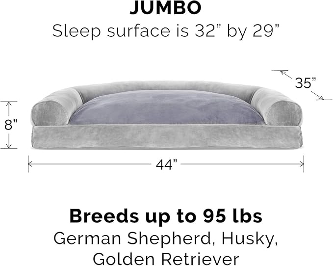 Furhaven Pillow Dog Bed for Large Dogs w/ Removable Bolsters & Washable Cover - Faux Fur & Velvet Sofa - Smoke Gray, Jumbo/XL