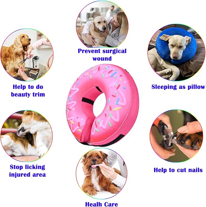 Katoggy Inflatable Dog Cone Collar for Dogs After Surgery, Soft Adjustable Blow up Donut Dog E-Collar for Small Medium Large Dog and Cats,Pink Donut