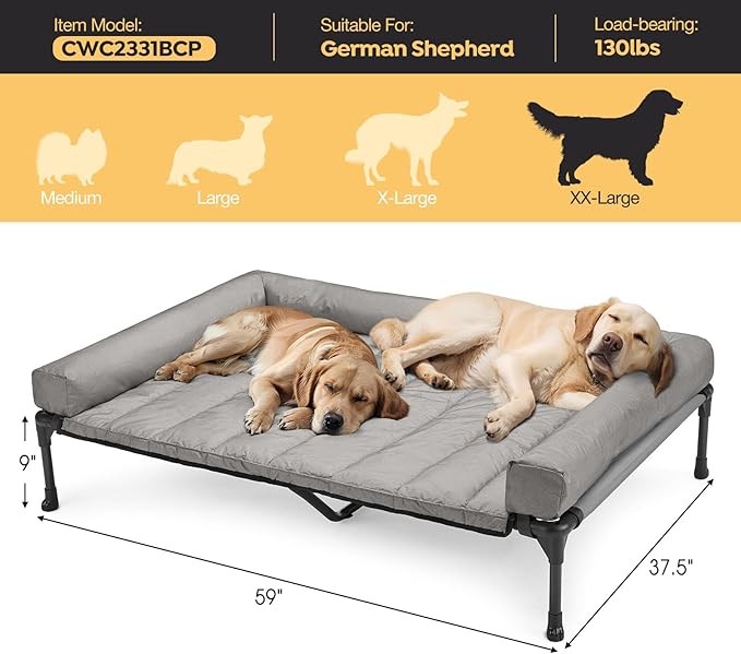 Veehoo Cooling Elevated Dog Bed Add Removable Waterproof Bolster Cushion Mat, Raised Pet Cot with Breathable Teslin Mesh, No-Slip Feet, Dog Couch Bed for Indoor Outdoor, 59x37.5inches, Grey, CWC2331B