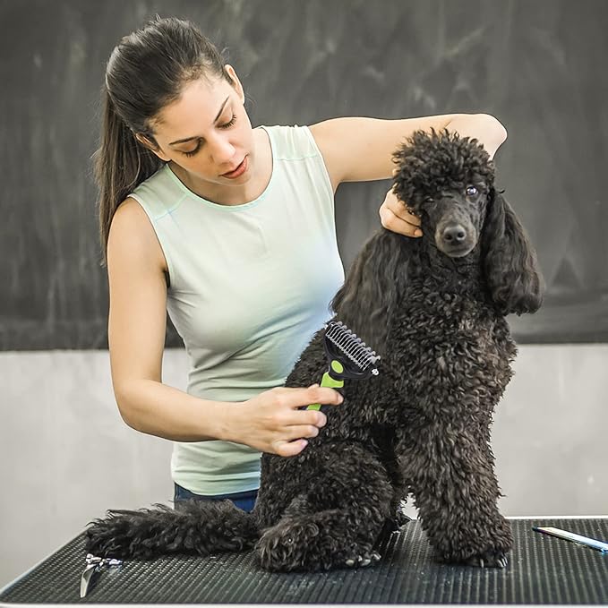 Pet Grooming Tool - 2 Sided Undercoat Rake for Cats and Dogs - Safe Dematting Comb for Easy Mats & Tangles Removing - No More Nasty Shedding and Flying Hair