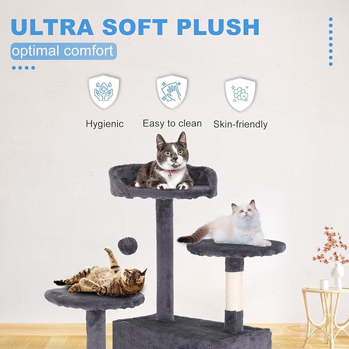 FDW Cat Tree 54in Cat Tower Multi-Level Durable Cat Scratching Post & Cozy Fun Cat Jumping Platform Space Saving Cat Condo Pet Play House for Indoor Cats,Ashy