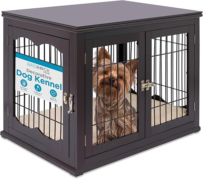 INTERNET'S BEST Decorative Dog Kennel with Pet Bed, Small Pet House, Double Door Indoor Crate, Engineered Wood & Wire Furniture, Side Table & Nightstand, Fits Small Dogs - Espresso