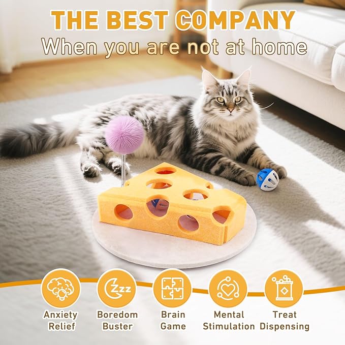 Interactive Cat Puzzle Toy for Indoor Cats & Kittens - Fun Track Balls & Spring Teaser in Stimulating Felt Puzzle Box (Yellow) - Mental Enrichment Game