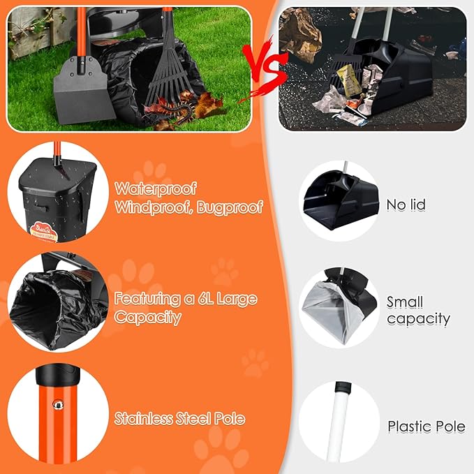 Lukovee Dog Pooper Scooper, 37.4" Long Adjustable Metal Handle Swivel Bin & Rake & Spade Kit with 20 Poop Bags, Portable Dog Non-Breakable Poop Scooper for Gravel Yard Lawn Grass, Orange