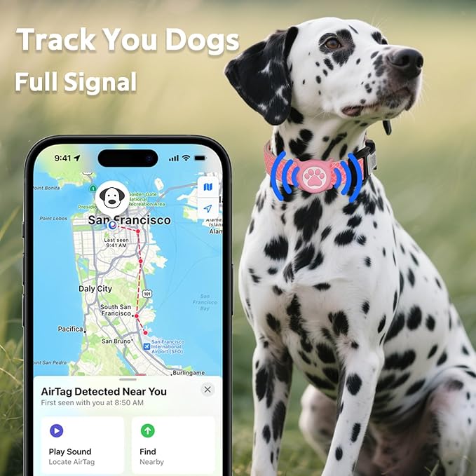 Dog Collar with Waterproof AirTag Holder & Anti-Lost QR Code, Cute Bling Warpping Adjustable Width for Small Medium Large Pet (Red, M)