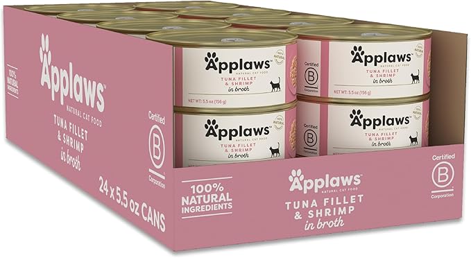 Applaws Natural Wet Cat Food in Broth, Limited Ingredient Canned Wet Cat Food, No Additives, Made with Natural Ingredients, Tuna Fillet & Shrimp in Broth (6 x 5.5oz Cans)
