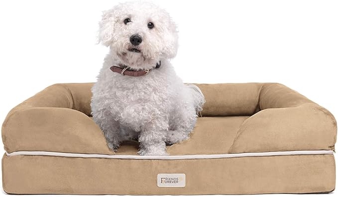 Chester Large Dog Bed - Orthopedic Memory Foam Mattress, Calming Couch, Wall Rim Pillow, Water Resistant, Washable Cover, Non-Slip, Khaki Beige