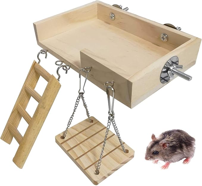 kathson Hamster Toy Set with Platform, Ladder, Swing - 5PCS Wooden Climbing Playground Accessories for Gerbils, Dwarf Hamsters, Rats, Chinchillas