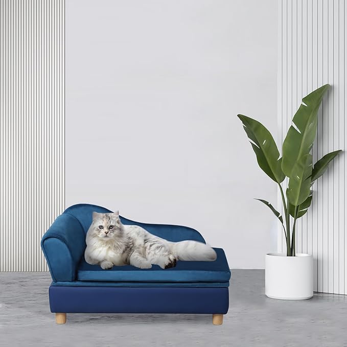 Pet Bed Sofa, Puppy Bed with Storage, Small Dog Couch with Removable & Washable Cushion, Comfy Pet Couch Bed for Cats & Puppy (Blue)