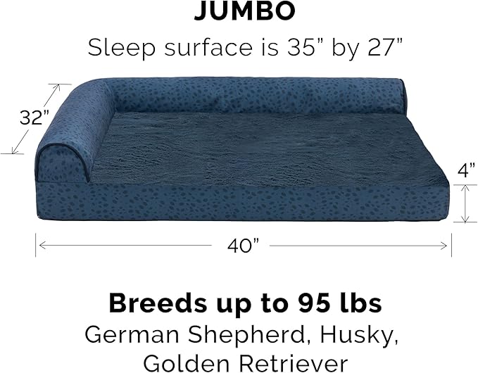 Furhaven Cooling Gel Dog Bed for Large Dogs w/ Removable Bolsters & Washable Cover, For Dogs Up to 95 lbs - Plush & Almond Print L Shaped Chaise - Blue Almonds, Jumbo/XL