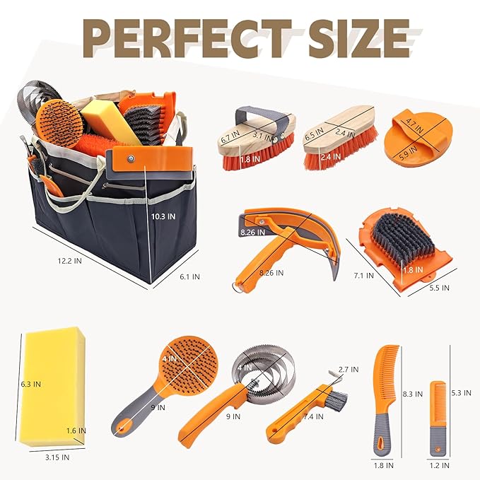 Horse Grooming Kit, Horse Grooming Supplies Includes 12 Horse Hair Care Tools Such as Handbag, Horse Brush, Horse Comb, Hoof Pick, Sweat Scraper, Etc., Suitable Gifts for Horse Riding Enthusiasts