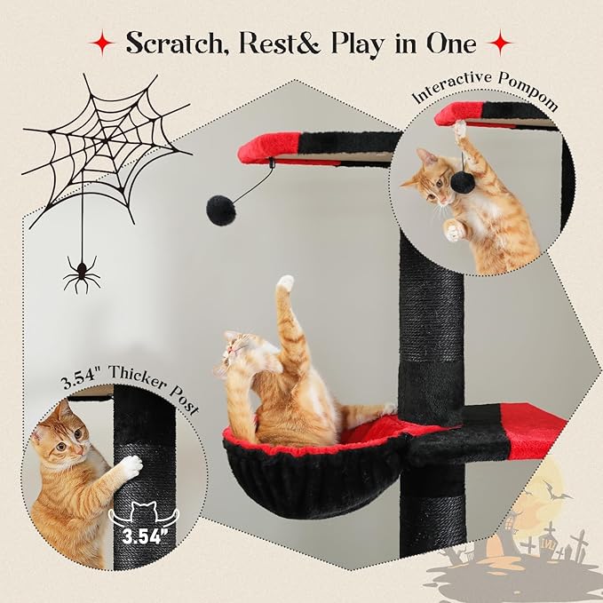 PAWZ Road Gothic Cat Tree, Floor to Ceiling Cat Tower with Adjustable Height (86.8-120 Inches), 5 Tiers Black Cat Condo with Cozy Hammock, Fully Scratching Posts and Dangling Balls for Indoor Cats