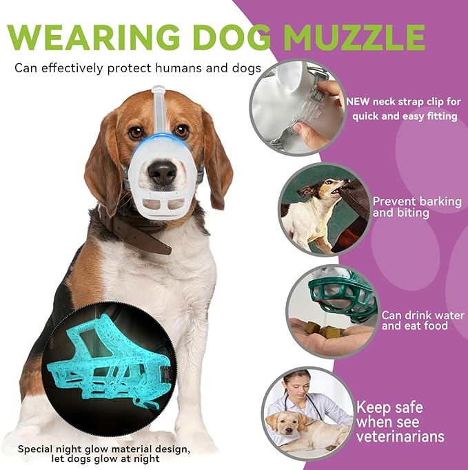 Glow-in-The-Dark Dog Muzzle, Basket Muzzle for Small Medium Large Dogs,Anti-Biting Chewing, Lightweight Cage Design,Allows Drinking & Panting,for Grooming & Training (Transparent Size M)