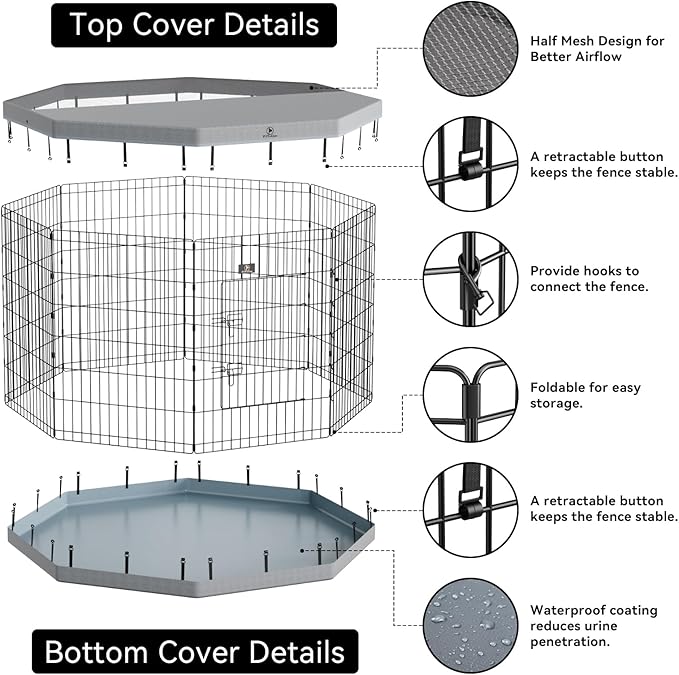 PJYuCien Dog Playpen, 8 Panels 42”H Dog Playpen Indoor with Grey Bottom Pad and Top Cover, Metal Foldable Dog Pen for Indoor Use, Better for Small Medium Animals, Grey