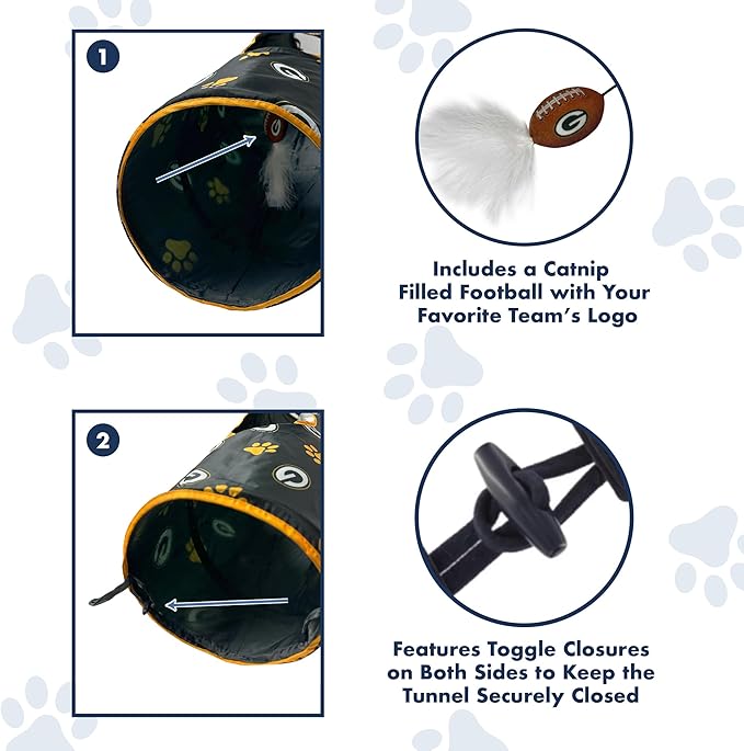 NFL Green Bay Packers Cat Tunnel Tube Toy with Plush Football Catnip and Feathers Collapsible Tunnel for Cats to Play, Peek and Hide, Sporty & Fun Cat Tunnel Toy with Team Logo All-Over Design!