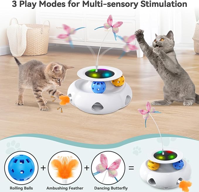 3in1 Interactive Cat Toys Moving Ambush Feather, Spinning Butterfly, Track Balls, Rechargeable Automatic Activated Kitten Toys for Indoor Cats, Cat Feather Toy for All Breeds