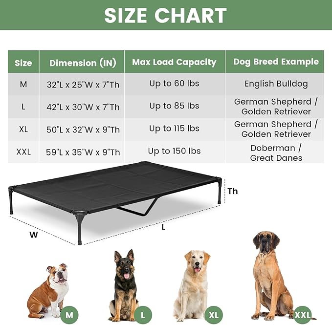 Elevated Dog Bed for Outdoor, Medium Raised Dog Cot with Washable Mesh, Cooling Pet Cot Chew Proof for Outside Camping, 32"x25" Black