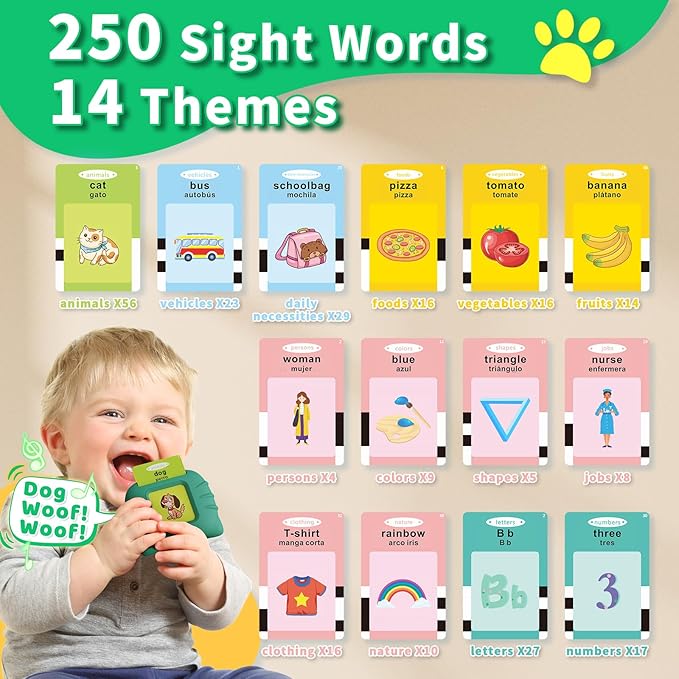 Toddler Toys Bilingual English and Spanish Talking Flash Cards for 1 2 3 4 5 6 Year Old Boys and Girls, Autism Sensory Toys for Autistic Children, Learning Educational Speech 250 Sight Words