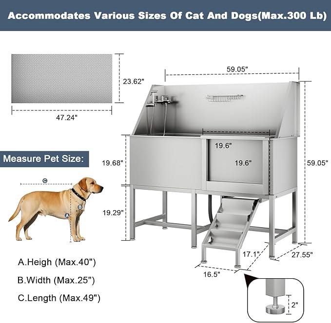CuisinSmart 62" Dog Bathtub for Large Dogs, Professional Dog Washing Station with Dog Wash Attachment, Dog Bath Pool for Outdoor, Indoor Shower and Grooming (62" Right Door)