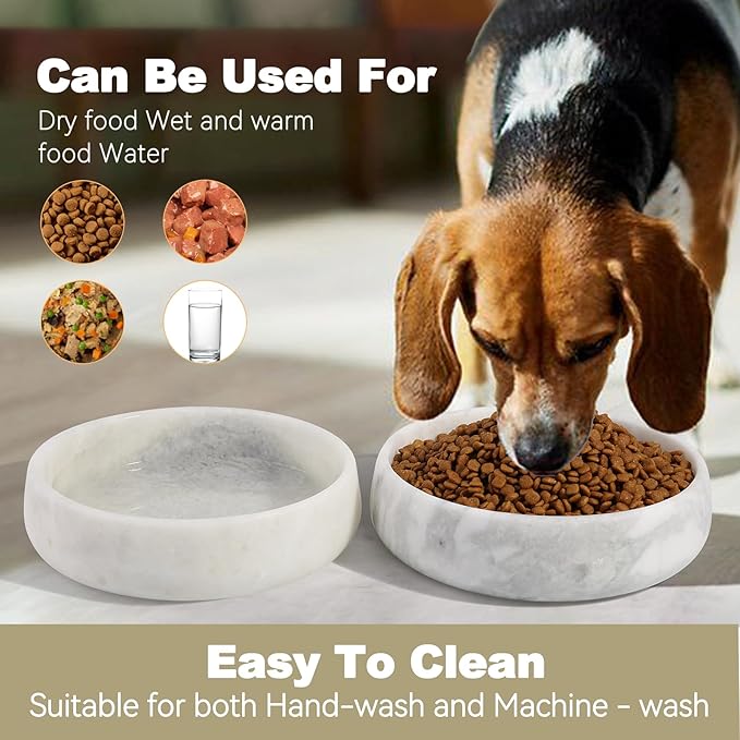 White Dog Bowl, Marble Dog Food Bowl, Non-Slip Water Dish Large, Heavy Duty Pet Bowl for Large Dogs, African Natural Marble, Holds 6 Cups(6lbs)
