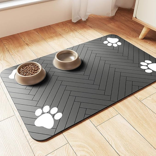 Pet Feeding Mat-Absorbent Pet Placemat for Food and Water Bowl, with Waterproof Rubber Backing, Quick Dry Water Dispenser Mat for Dog and Cat (16"x24", Striped Dark Gray)