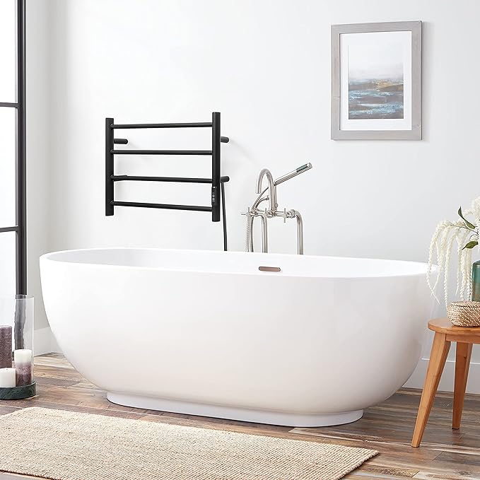 KEG Towel Warmer Wall Mounted with Built-in Timer 4 Bars Electric Stainless Steel Heated Towel Racks for Bathroom, Hot Plug-in Bath Towel Heater Matte Black