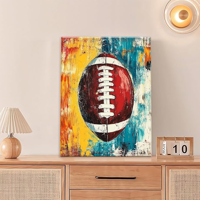 Graffiti Football Bathroom Pictures Wall Art, Rugby Sport Bathroom Wall Decor, Colorful Football Framed Painting Canvas Artwork for Bedroom Living Room Decorations 20"L x 16"W